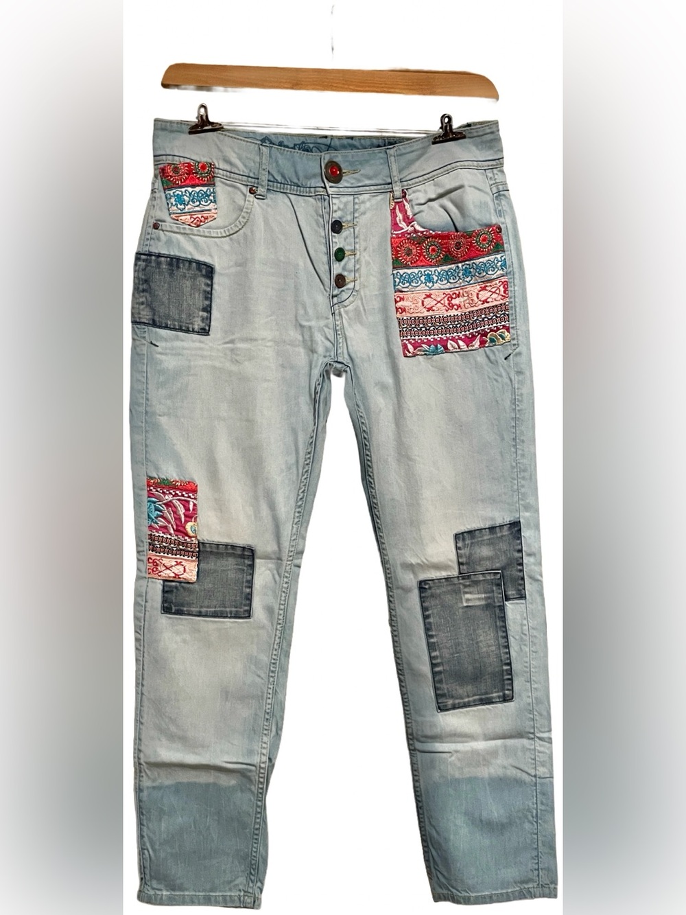 Desigual Ethnic Ankle Patchwork Embroidered Jeans 28 tag 30W